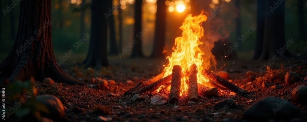 Naklejka premium Bright campfire casts dancing shadows on trees, crackling sounds , low angle, forest
