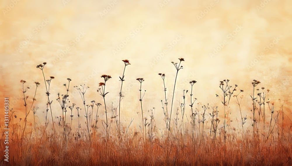 Obraz premium Soft Orange Watercolor Delicate Floral Silhouette on Grunge Gradient Background with Warm Light