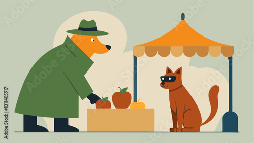 Undercover at the Market The dog and cat are inconuously blending in a the bustling market stalls. The dog is pretending to browse a vegetable stand while the cat still in a trench