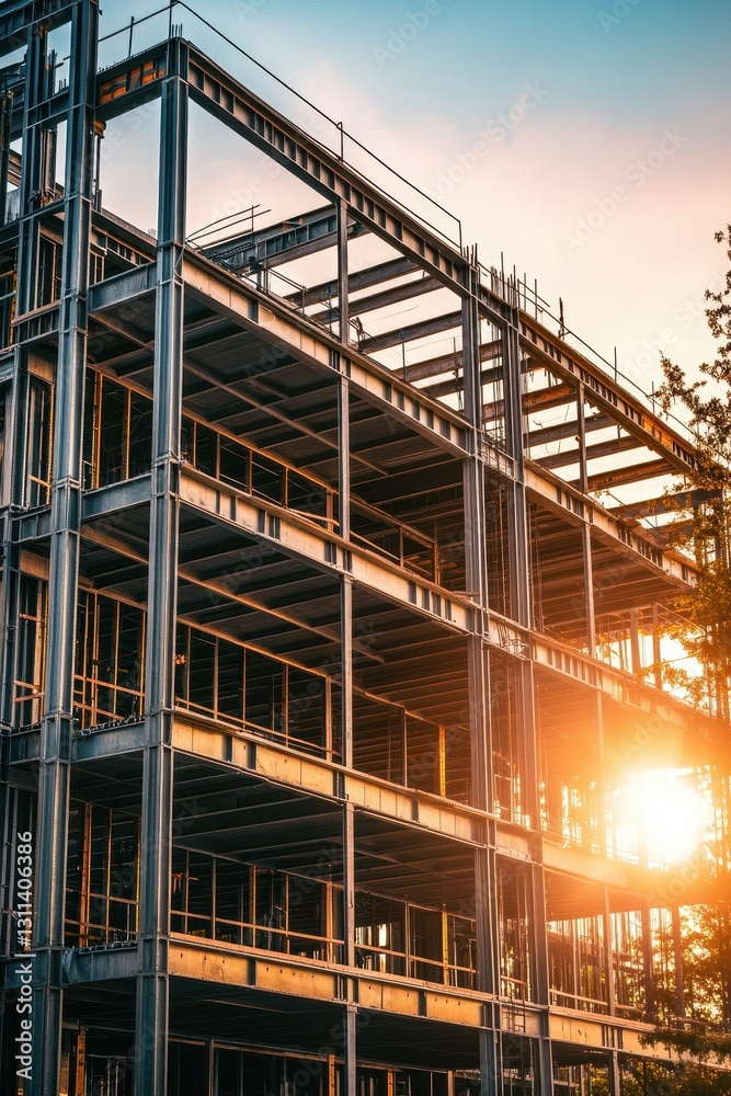 Welded Steel Framework of a High-Rise Building Under Construction at Sunset, Showcasing Urban Development and Progress Welded Steel Framework of a High-Rise Building Under Construction at Sunset, Showcasing Urban Development and Progress