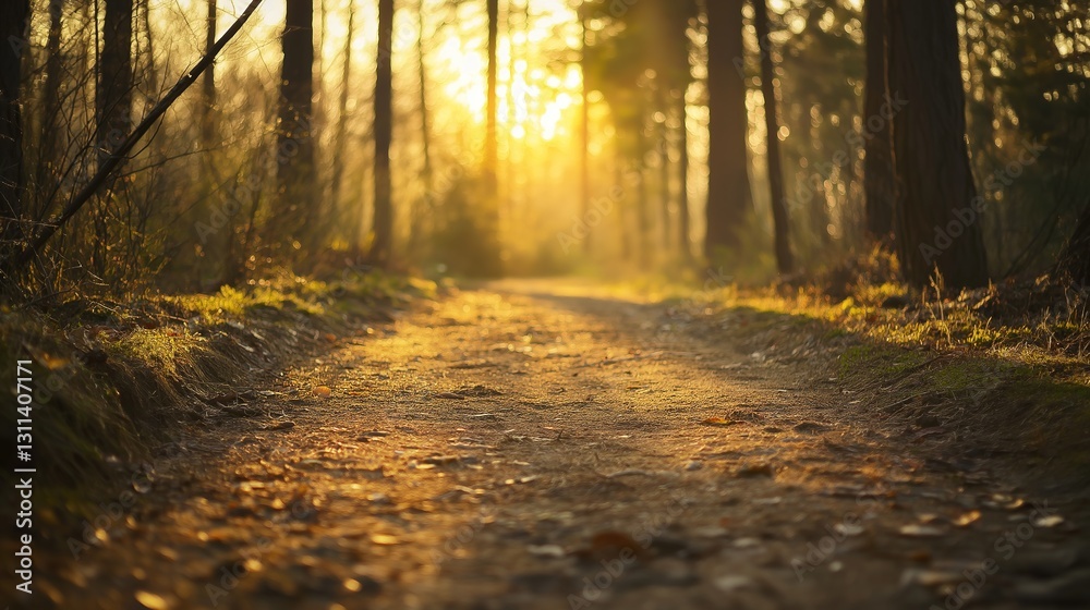 Obraz premium Golden sunlight illuminates a tranquil forest path, evoking peace and natural harmony