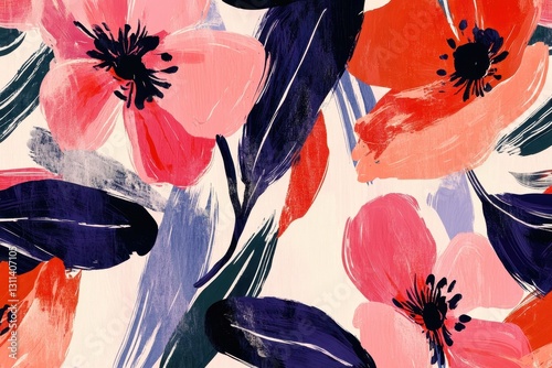 Vivid floral abstract design featuring colorful blooms on a textured background with bold brush strokes