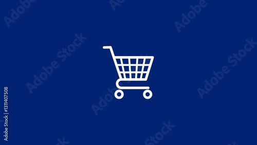 Shopping cart icon animation, simple design supermarket trolley icon, 4k on blue background