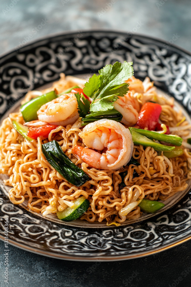 Fried noodles with shrimp, vegetables and soy sauce in a stylish presentation Fried noodles with shrimp, vegetables and soy sauce in a stylish presentation