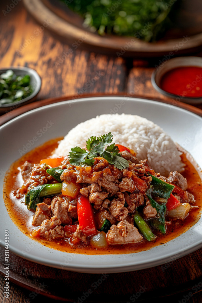 Fried pork in spicy sauce with vegetables, served with rice and herbs Fried pork in spicy sauce with vegetables, served with rice and herbs