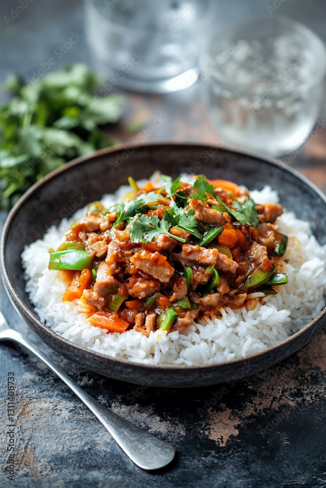 Fried pork in spicy sauce with vegetables, served with rice and herbs Fried pork in spicy sauce with vegetables, served with rice and herbs