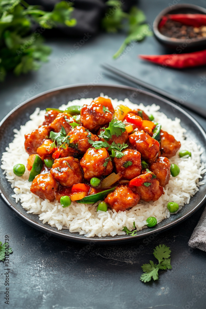 Fried pork in spicy sauce with vegetables, served with rice and herbs Fried pork in spicy sauce with vegetables, served with rice and herbs