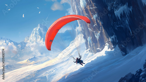 Paraglider diving past icy cliffs-4