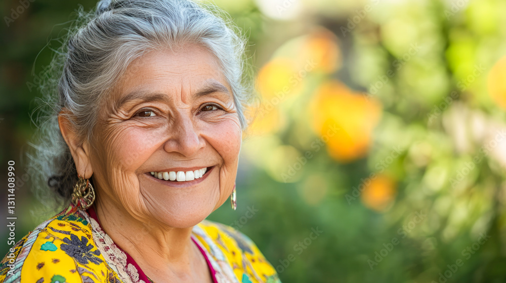 Positive mature elderly indian woman smiling at camera with beautiful white teeth outdoors. pension insurance, health insurance, dental clinic special offer, dentistry, nursing home. Copy space Positive mature elderly indian woman smiling at camera with beautiful white teeth outdoors. pension insurance, health insurance, dental clinic special offer, dentistry, nursing home. Copy space