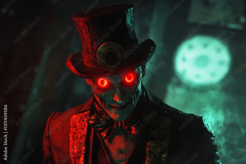 Fototapeta premium A man in a red hat and black suit with red eyes and a green background