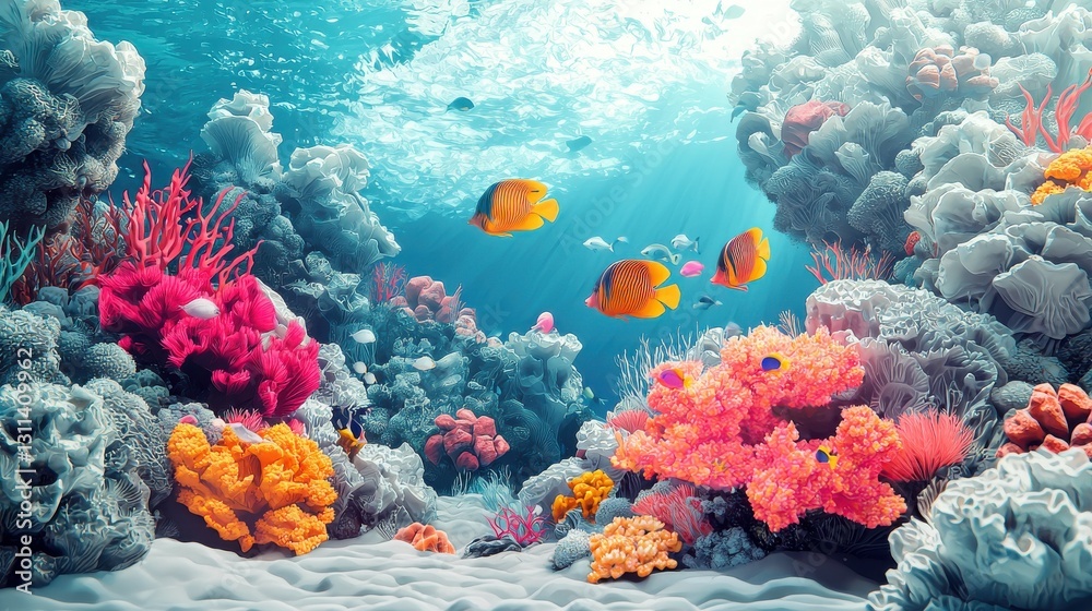 Naklejka premium Vibrant Underwater Scene with Colorful Coral Reefs and Tropical Fish in Sunlit Ocean Depths