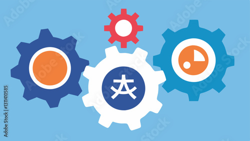 Translation Engine Gears Interlocking gears with symbols of languages showing the mechanics of how AI tools work to enable realtime translation.