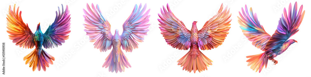 Obraz premium Breathtaking digital depicting a flock of fantastical mythical phoenix birds soaring in an ethereal colorful and surreal landscape showcasing their vibrant plumage and graceful otherworldly movements