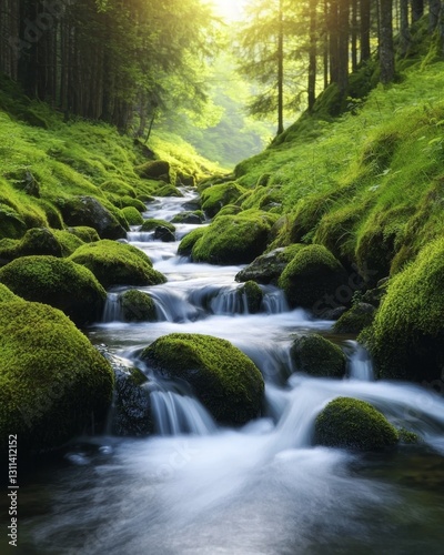 Serene Small Waterfall Cascading Over Green Mossy Rocks in Lush Forest Setting