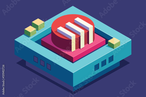 A detailed isometric visualization displays geometric forms with customization options set against a bold backdrop, Press pause Customizable Isometric Illustration