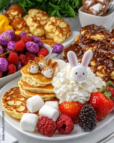 Easter Themed Desserts and Pastel-Colored Cakes, Cozy Easter Morning Breakfast Spread with Pancakes and Fresh Berries Delights photo