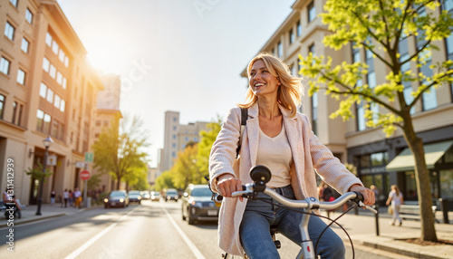 Smiling woman cycling through city streets in spring, joyful freedom