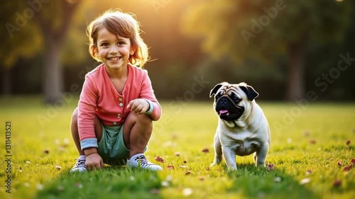 little girl playing with dog