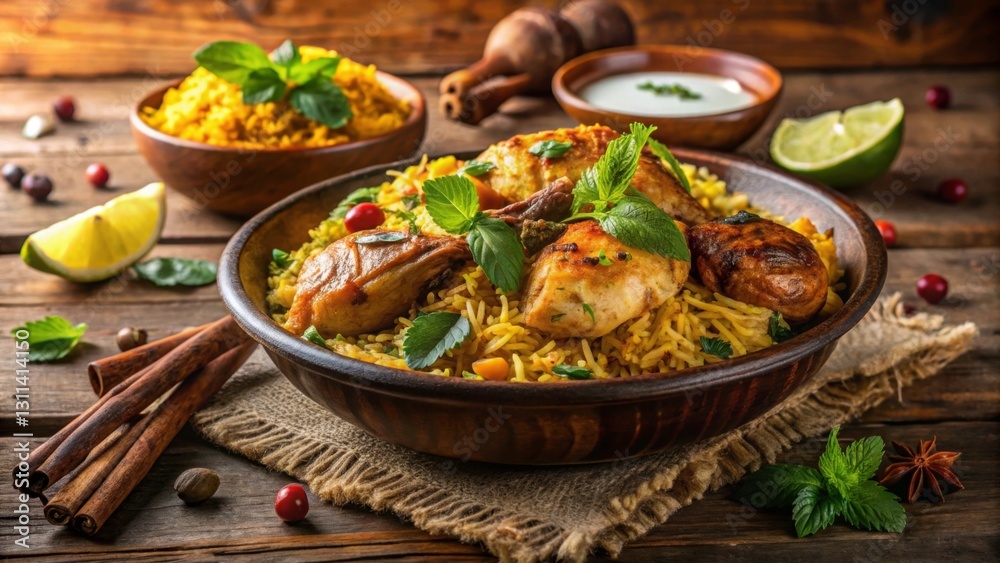 Delectable Chicken Biryani Served in a Vibrant Bowl on a Table Delectable Chicken Biryani Served in a Vibrant Bowl on a Table