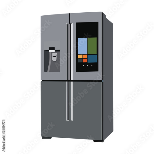 Modern smart refrigerator with touchscreen display, double door fridge with water dispenser