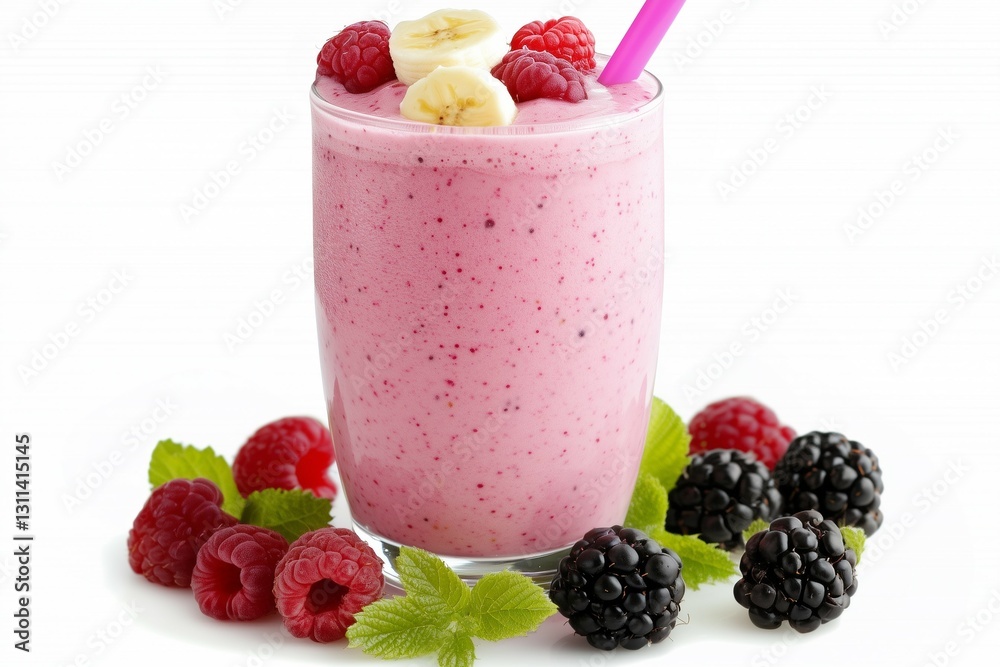 Pink Berry Banana Smoothie with Fresh Fruit Toppings on White Background. Pink Berry Banana Smoothie with Fresh Fruit Toppings on White Background.