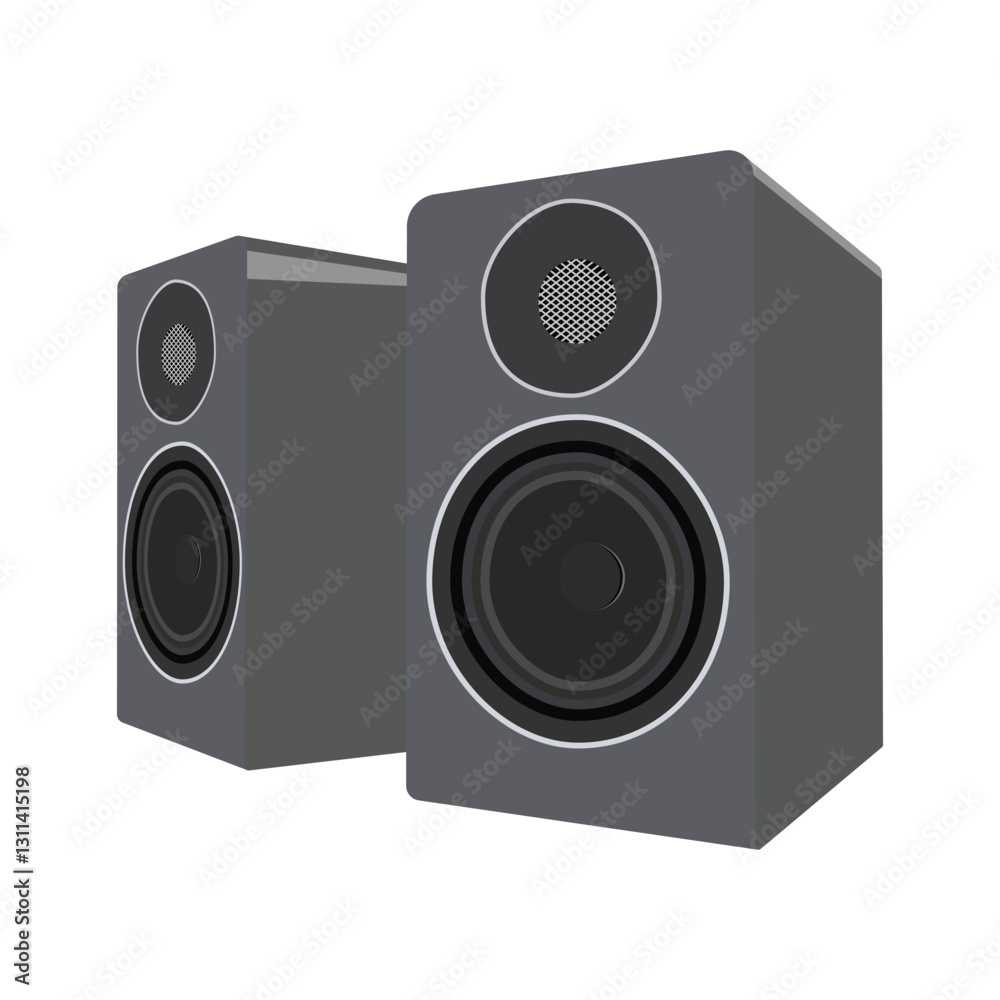 Obraz premium Two grey speakers with black rim placed next to each other on a white background