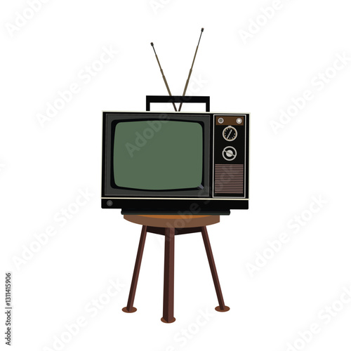 Vintage retro television with antenna on wooden stand, old classic tv isolated on white