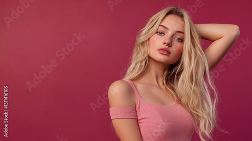 beautiful blonde woman in pink top against red background