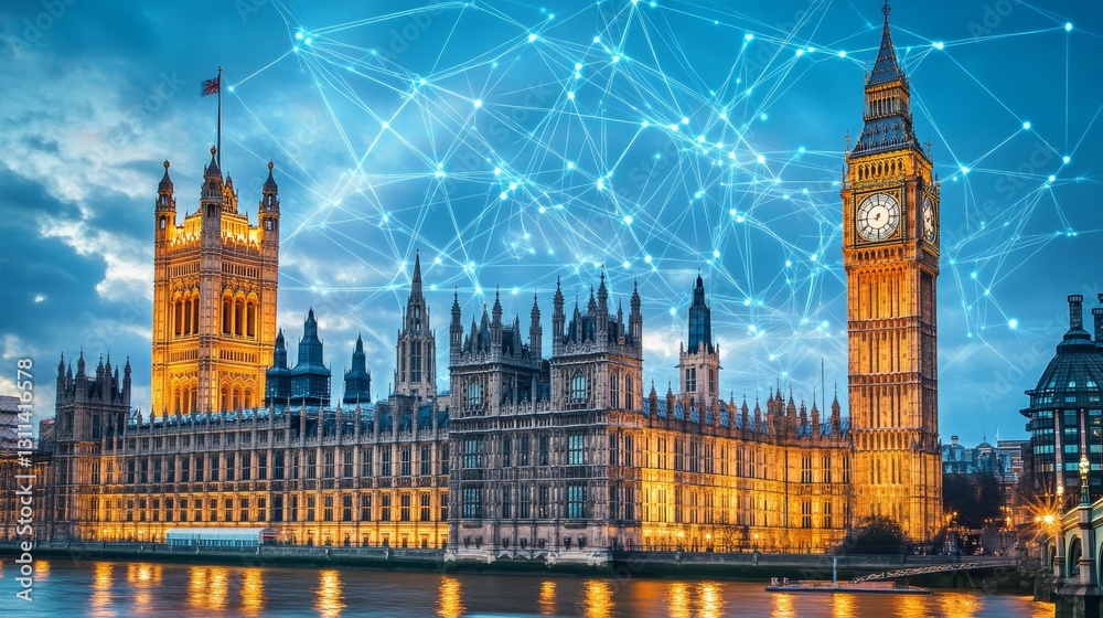 Historic London Landmark Illuminated Against Evening Sky, Connected by Digital Network Historic London Landmark Illuminated Against Evening Sky, Connected by Digital Network
