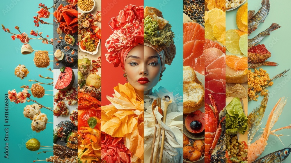 Fototapeta premium Vibrant Collage of Culinary Delight Featuring Exquisite Dishes and Colorful Flower Adornments