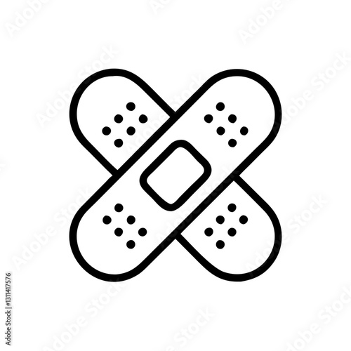 Band-aid illustration, medical style, black and white color, injury treatment symbol