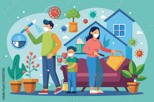 A family is taking preventive health measures at home with cleaning, gardening, and safety precautions, Preventive measures when you get home Customizable Flat Illustration