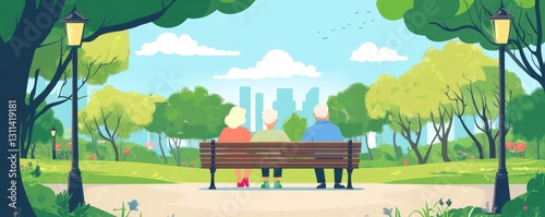 Happy Senior Couple Park Bench Relaxing Nature Green Trees Sky Old Joy Aged Summer Clouds Seniors   