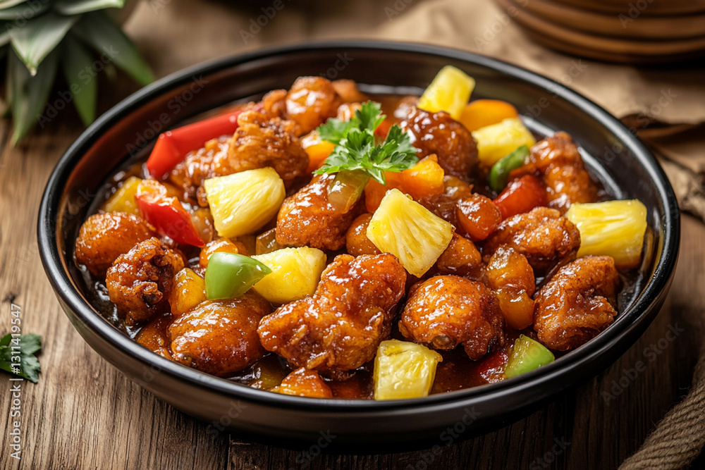 Fragrant fried chicken in sweet and sour sauce with pineapple and pepper Fragrant fried chicken in sweet and sour sauce with pineapple and pepper