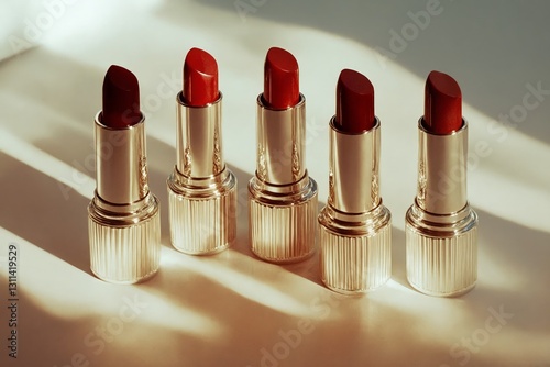 Una colección elegante de labiales rojos brillando a la luz natural.