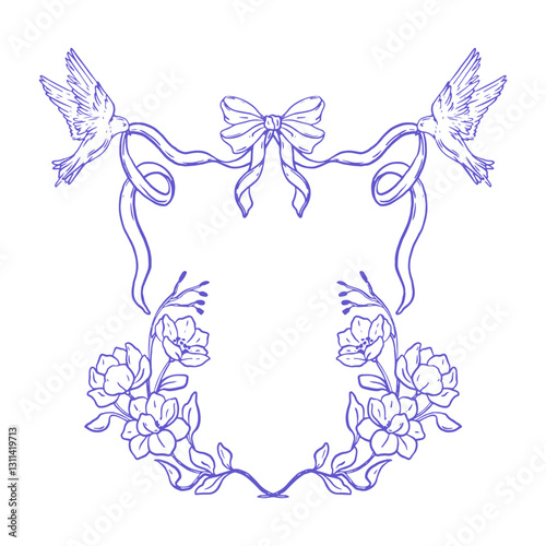 Romantic floral ribbon frame, hand drawn wedding border doodle bow Valentine card birds vector print. Spring coquettish decoration, line minimal flower baby celebration design. Love floral frame