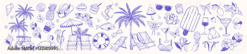 Tropical summer doodle icon set, vector hand drawn exotic vacation line illustration, pool party kit. Hawaii beach holiday rest, palm tree, paradise cocktail glass, flowers, seashell. Tropical summer