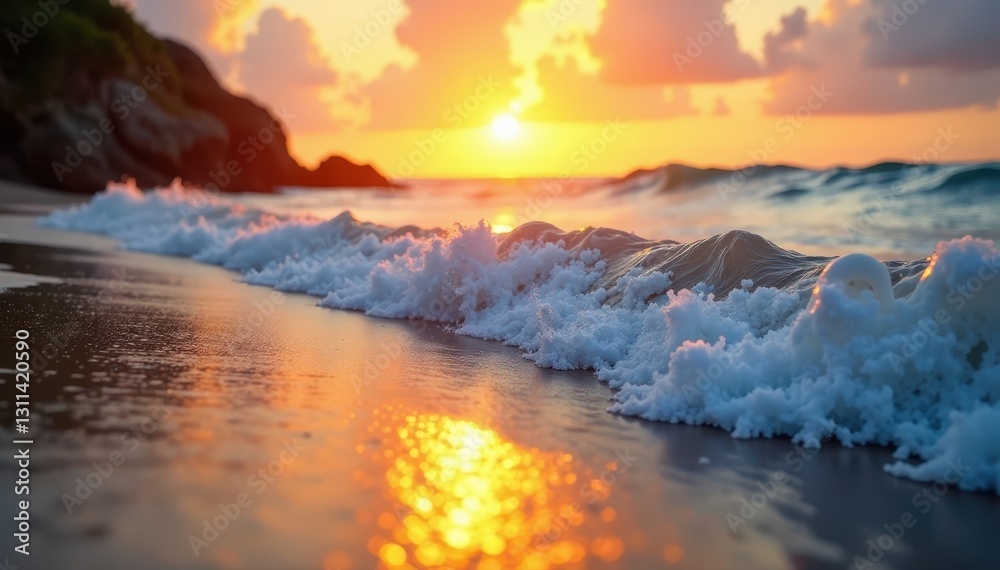 Fototapeta premium Golden hour sunlight illuminates breaking waves on beach, sand, tropical, goldenhour