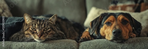 La escena muestra un gato y un perro descansando juntos en un sofá, reflejando tranquilidad y amistad.