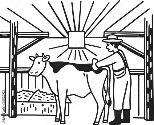 farmer milking cow on traditional farm rural agriculture illustration with barn, livestock, and countryside setting