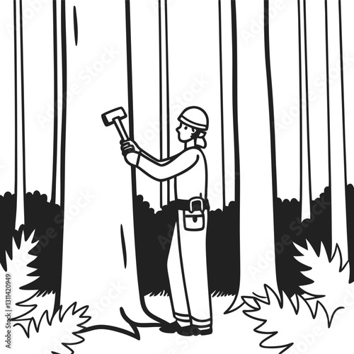 forestry worker chopping tree, illustrating deforestation impact in black and white conservation, environment awareness, lumberjack silhouette