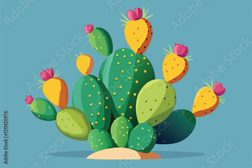 The image features a custom-designed prickly pear cactus with bright yellow and pink fruit against a blue background, Prickly pear cactus Customizable Semi Flat Illustration