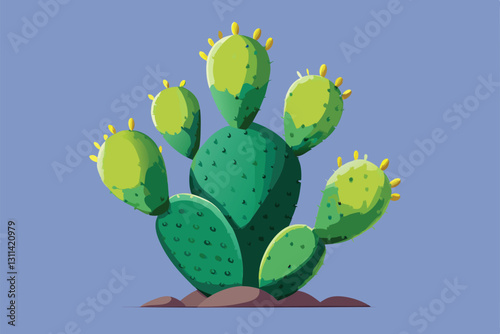 A customizable illustration features a lively prickly pear cactus with bright green pads, set against a blue backdrop, Prickly pear cactus Customizable Semi Flat Illustration