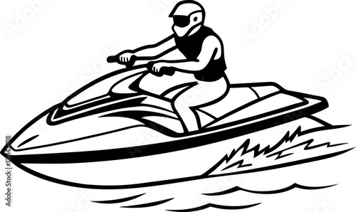 Jet ski illustration, person riding watercraft adventure, speed, outdoor water sport, aquatic fun