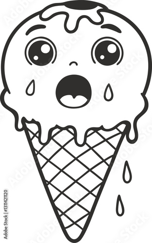 shocked ice cream cone illustration with wide eyes and melting drips black and white style, playful design