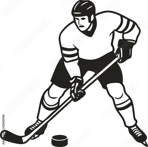 Hockey player poised for action with stick and puck, showcasing sport skill and athleticism