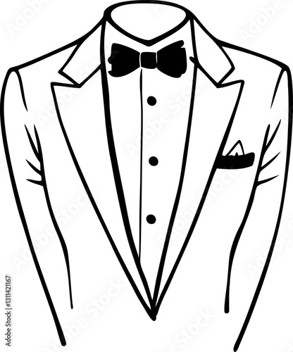 Minimalist black and white tuxedo design with bow tie and pocket square illustration