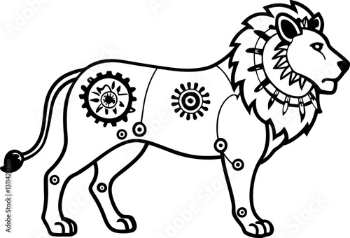 steampunk robot lion illustration with gears and mechanical features