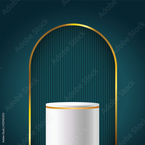 Green Background Gold cylinder strip stand podium 3D background with arch gate. Luxury minimal wall scene mockup product stage showcase, Banner promotion display. Abstract vector geometric forms.