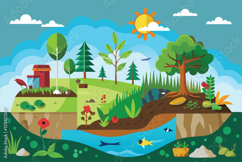 Illustration showcases various stages of primary succession with plants, water, and animals thriving in an ecosystem, Primary succession and ecological growth process concept,